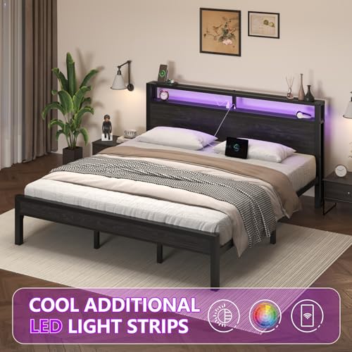 Image of E-Motie King Size Bed Frame with LED Lights, Industrial Platform Bed with Storage Headboard and Charging Station, Heavy Duty Metal Slats, No Box Spring Need, Noise Free, Easy Assembly, Black