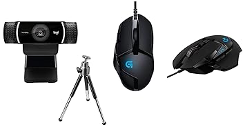 Logitech C922 Pro Stream Webcam, HD 1080p/30fps or HD 720p/60fps Hyperfast Streaming, Stereo Audio, HD Light Correction, Autofocus - Black & G402 Wired Mouse - Black & G502 Wired Mouse - Black