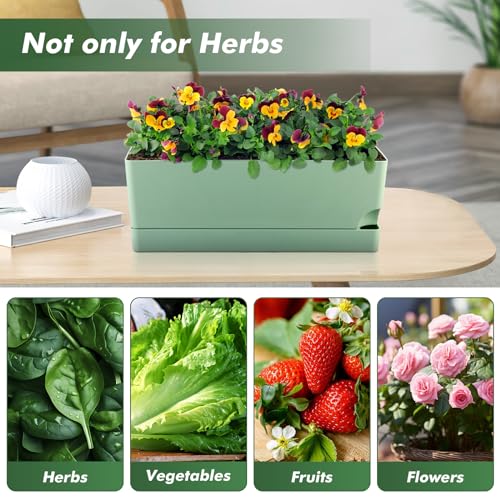 2 Pack Self Watering Pots for Indoor Plants 17 Inches Window Boxes Planters Rectangular Flower Pots Rectangle Herb Pots Large Plant Pots with Drainage Holes and Saucers Windowsill Planter, Green