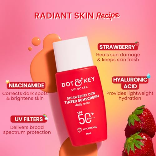 Image of Dot & Key Strawberry Dew Tinted Sunscreen In-Vivo Tested SPF 50+ PA++++ With New-Age UV Filters, Brightens & Protects Skin, Ultra-light, Blends Easily, With Niacinamide, Natural Finish, Non-Sticky | 50ml