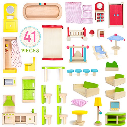 Wooden Dollhouse Furniture|Made of Safe Wood and Bright Water-Based Paint|Compatible with Most Doll Houses|41 Pc Bundle - Thumbnail 5