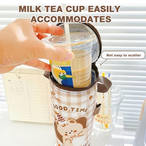 Image of HASTHIP Water Bottle Bag Thermal Drink Carrier Bag Cartoon Cup Bottle Cooler with Handle, Thermal Takeaway Drink Insulation Tote with Zip-up Top & Straw Hole