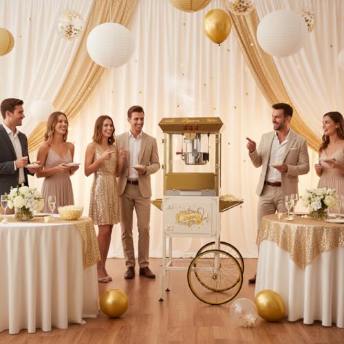 Image of Large Popcorn Machine with Cart: 16 Oz Vintage Commercial Popcorn Maker Movie Theater Style Makes Up to 64 Cups for Home Party Office, White