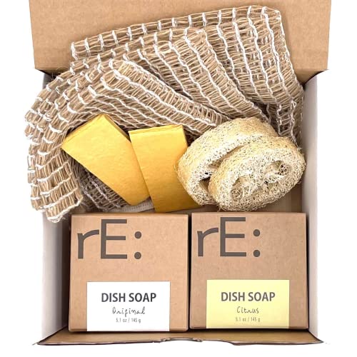 Image of rE: Plastic Free Kitchen Gift Set for dishwashing | Dish Soap Bars (2 pcs), Hemp Scrubbers (3 pcs), Loofah Slices (2 pcs), Pop Up Sponges (2 pcs) (Original & Citrus)