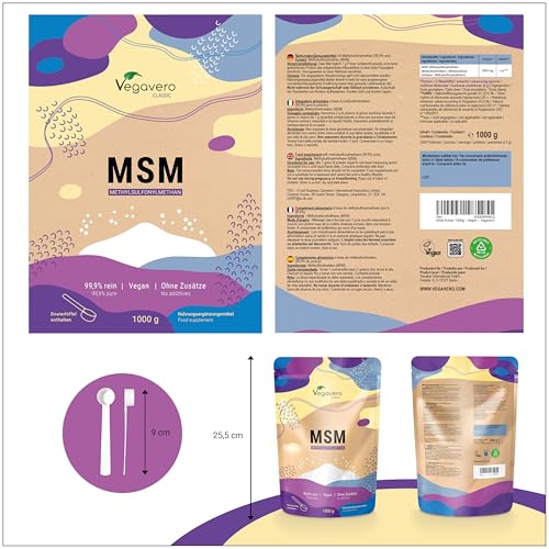 MSM Pulver 1000 g Vegavero | 99,9% rein | Deutsche Produktion | Methylsulfonylmethan | Organischer Schwefel | Kristallin | Laborgeprüft & Ohne Zusätze | Vegan