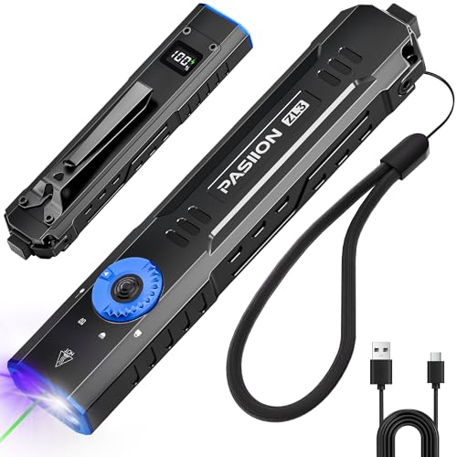 PASIION Wiederaufladbare EDC-Taschenlampe mit Weißlicht, grünem Strahl und UV-Licht, 1500 Lumen, flache kompakte LED-Lampe mit Doppelschalter, OLED-Display, wasserdicht für Alltag & Outdoor