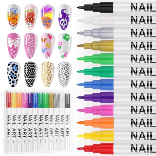 EBANKU 12 Colores Bolígrafo De Uñas, 0.7mm Nail Art Point Grafiti Pen Set, Lápices para Decorar Uñas para DIY, Rotulador Herramientas de Manicura Regalo para Halloween Navidad