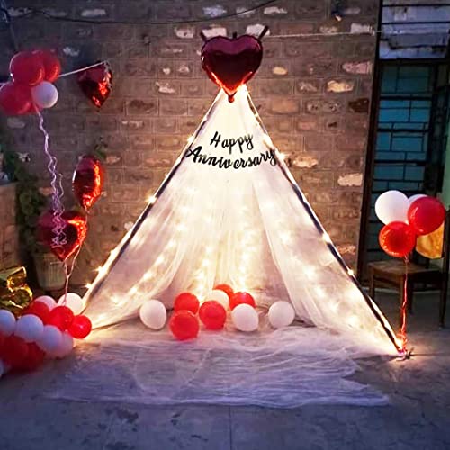 Party Propz Happy Anniversary Cabana Set – Pack of 25 Pcs | Red And White Balloons for Decoration | Anniversary Decoration Items With Net Lights | Cabana Tent Decoration | White Net for Cabana Tent
