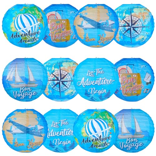 Panelee 12 Pcs Travel Around The World Party Decorations Bon Voyage Paper Hanging Lanterns 8 Inch Adventure Travel Round Paper Lanterns for Office Classroom Party Decorations Supplies Indoor Outdoor