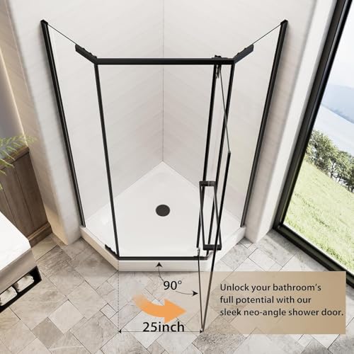 Neo-Angle Shower Door Kit, 36”W x 72”H 1/4” 6mm Corner Shower Kit with Shower Base, Frameless Glass Shower Doors Shower Enclosure with Explosion-Proof Film Clear Tempered Glass, Matte Black