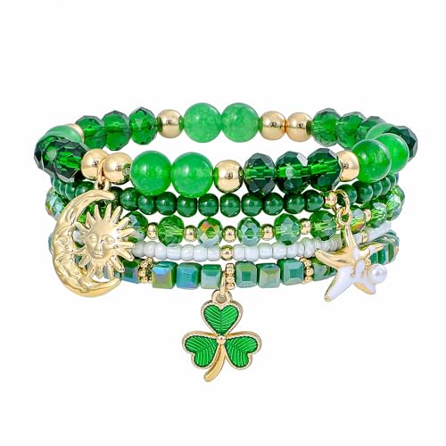 Pychee Summer Surfer Heishi Bracelet Set for Women Stackable Gold Plated Clay Ploymer Bead Stretch Pink Beach Layering Bracelets Jewelry (Style A-Green Bracelets 3)