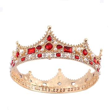 Crystal King Wedding Tiara Vintage Rhinestone Crown Hair Bands For Halloween Birthday Pageant Hair Accessories Gold With Red Stone