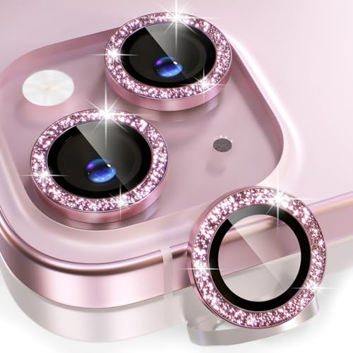Choiche Compatible for iPhone 15 /iPhone 15 Plus Camera Lens Protector Bling 9H Tempered Glass Camera Cover Screen Protector Metal Ring Decoration Accessories (Glitter-Pink)