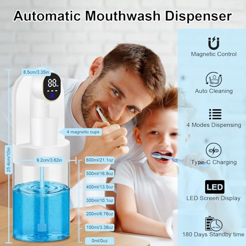 Image of Automatic Mouthwash Dispenser for Bathroom, 20.29 oz Touchless Smart Wall-Mounted Mouth Wash Dispensers, 4 Magnetic Cups, 4 Dispensing Modes, Hands-Free Bathroom Accessories for Home Kids Family-White