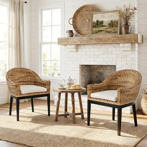 DUHOME Rattan Accent Chair Set of 2 - Modern Armchair with Natural Rattan Armrest, Black Solid Wood Legs & Inset Beige Cushion, Leisure Chair for Balcony Living Room