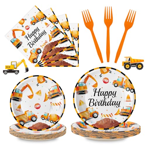 100 Pcs Construction Birthday Party Supplies - Construction Themed Plates and Napkins Forks Set Disposable Dump Truck Tableware for Boys Kids Birthday Party Decorations Favors Serve 25 Guests