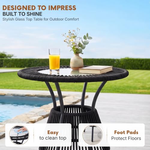 Image of DEVOKO Bliss 3 Piece Outdoor Patio Rope Conversation Set with Glass Top Table (Black /Off-White), Powder-Coated Metal Frame & Water-Resistant Cushions for Balcony, Garden, Terrace