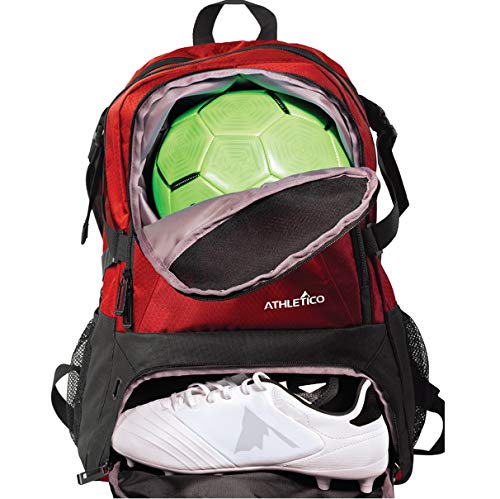 Athletico Bolsa de futebol nacional – Mochila para futebol, basquete e futebol inclui suporte separado e suporte de bola (vermelho)