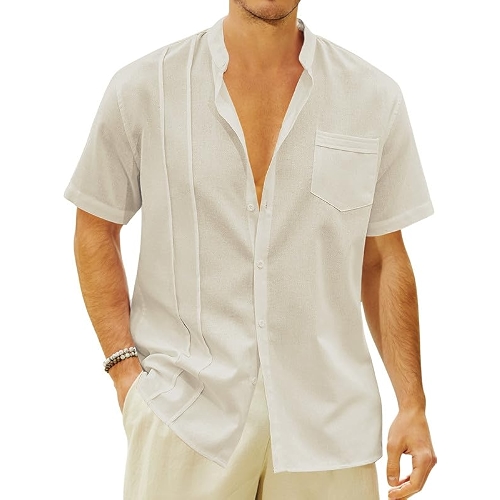 JEKAOYI Mens Button Down Shirt Linen Cotton Short Sleeve Mandarin Collar JEKAOYI Mens Button Down Shirt Linen Cotton Short Sleeve Mandarin Collar