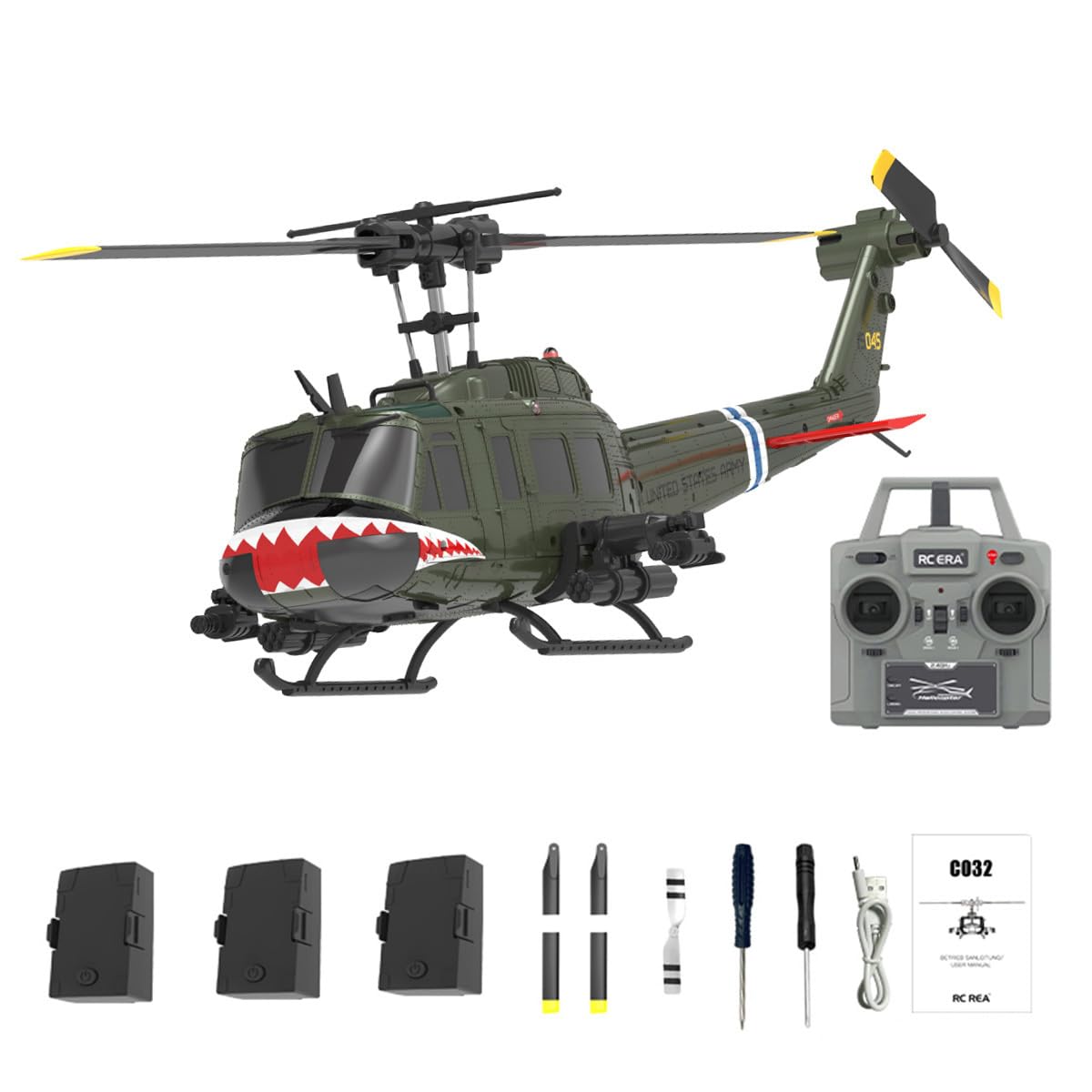 Helikopter RC dla dorosłych, C032 skala 1/48 UH-1 Huey 2,4G 6CH 6-osiowy żyroskop 3D zdalnie sterowany helikopter kaskaderski z inteligentnym pozycjonowaniem i utrzymaniem wysokości