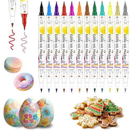 Bolígrafos de Marcador de Coloración de Alimentos, 12 Piezas de Grado Colorantes Alimentario Doble Cara Marcadores Comestibles para Decorar Pastel, Galletas, Fondante, Huevos de Pascua, Dibujo,Hornear