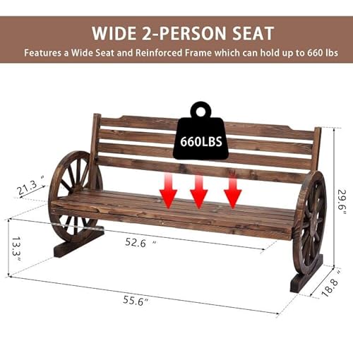 Kintness Wooden Wagon Wheel Bench Rustic Outdoor Patio Furniture 2-Person Seat Bench With Backrest For Backyard Patio thumb #2