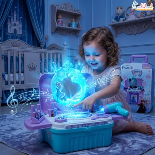 Image of Frozen Dressing Set for Girls - Elsa & Anna Pretend Play Beauty Makeup Kit with Trolley, Lights & Music, 15 Pcs Educational Styling Toy | Birthday Gift for Kids Age 3+, Turkish Blue