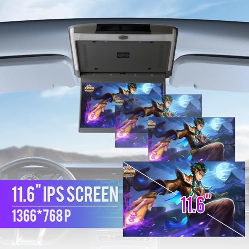 Kunfine Android Car Overhead Player 11.6 Inch Wide IPS Screen Video Car Roof Mount Monitor with Built-in Stereo Speakers Flip Down Overhead Car Monitor Support Bluetooth WiFi HDMI USB NO DVD(Beige)
