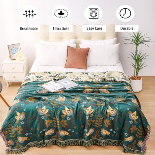 Image of VANJOROY Boho Throw Blanket, 100% Organic Cotton Breathable Ultra Soft 91 inch x 108 inch King Bed Quilt Throw - Floral Rustic Bird Farmhouse Decor Luxury Blanket for Sofa Couch Chair and Gift,Teal /Beige
