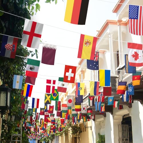 Image of AhfuLife 48 Countries World Flag String Flags for World Cup Decorations, Double Sided Fabric Nations String Banner for Olympic Soccer Bar Club Garden Street Sports Party Decor (1 Pack, 7.9 inch x 11 inch - 68.9 Ft)