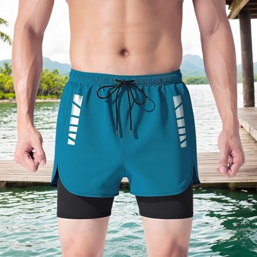 Casual Men's Double Layer Quick-Dry Stretch Sports Shorts for Summer Workouts Swimming