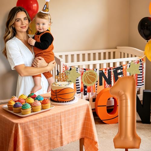 Image of Basketball Highchair Banner for First Birthday Party Decorations | My 1st Rookie Year Basketball Fabric Banner for Boys Black Orange High Chair Banner for One Birthday Backdrop Decorations