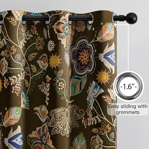 Image of XiDi Olive Green Blackout Curtains Vintage Floral Botanical Patterned Drape | Curtains 96 Inches Long Yellow Green Boho Framhouse Black Out Curtains & Drapes for Living Dining Room 2 Panels 52x96