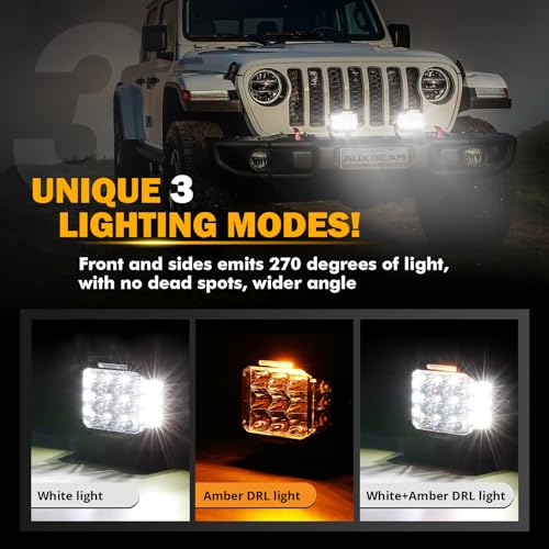 Image of Auxbeam 5 inch 168W LED Cube Pods Offroad Driving Light with Amber Covers, 16440LM Bright Square Offroad Lights with Side Shooter 270 Combo Beam Ditch Light, DRL for Jeep ATV Wrangler Ford Truck Pickup