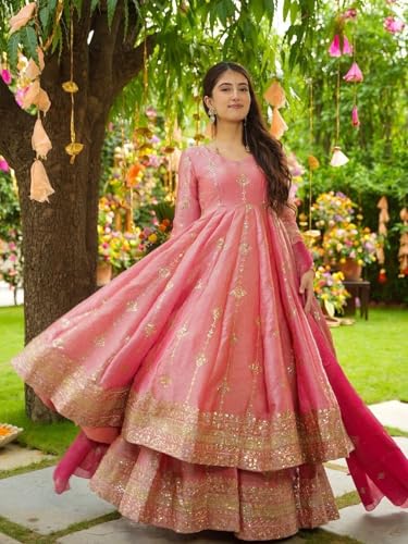 Image of Designer Heavy Crunchy Silk Anarkali Dress for Women | Fully Flared Embroidered Gown with Dupatta | Wedding