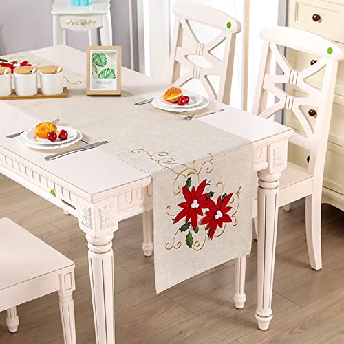 Chemin de table brodé fleurs beige en polyester lin lavable dimensions 38 x 87 cm