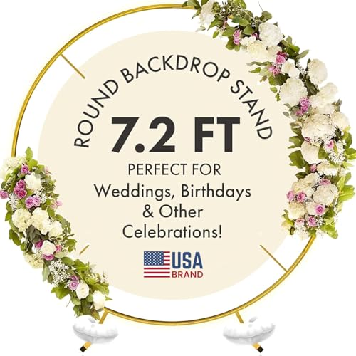 Round Backdrop Stand - Rust Free Iron Made 7.2 Ft Gold Circle Backdrop Stand for Parties Arch for Balloons - Portable & Easy to Assemble Wedding Arch Frame - Sturdy & Stable Handles Wind Outdoors