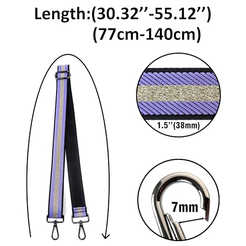 Image of Purple and Gold Thread Stripe Webbing Purse Strap with Gunmetal Black Hardware 1-1 /2 Inch Wide Replacement Crossbody Guitar Style Adjustable Shoulder Strap for Handbags Totes
