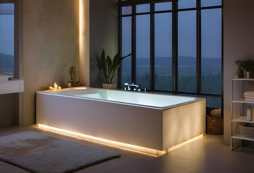 VBChome Bañera de 140 x 70 cm, color blanco, acrílico, espacio para iluminación LED, soporte de poliestireno, soporte para bañera, sifón, bañera, rectangular, blanco, diseño moderno, desagüe en cromo