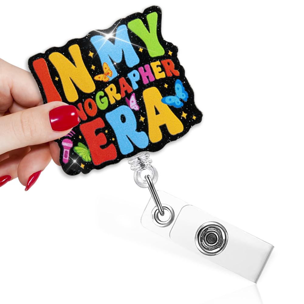 TOUNER in My Sonographer Era Funny Badge Reel with Black Glitter, Retractable ID Clip for Ultrasound Technologist, Sonography Tech Gifts for Maternity