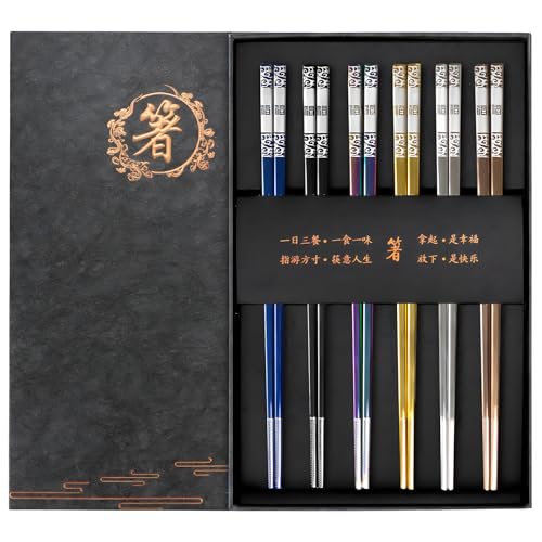 Wiederverwendbare Edelstahl-Essstäbchen 6 Paar, Anti-Rutsch, Spülmaschinenfest, japanische Design, Personalisiertes Geschenkset