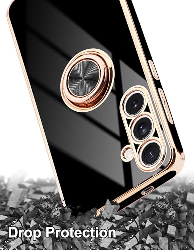 Jusy für Samsung Galaxy S25 FE Hülle, mit 360° Drehbarem Ring Magnetständer, Luxuriösem Hochglanz Finish und Galvanisierter, Stoßfester Schutzhülle für Das Telefon, Schwarz