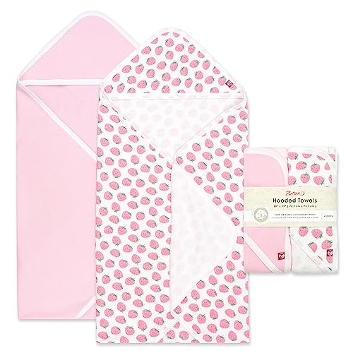 Image of Zutano Hooded Baby Towels, Organic Cotton Baby Bath Towel, Ultra Soft and Absorbent Baby Towel for Newborn and Infant | Girl, Boy, and Unisex Towel Set, Strawberries, 2-Pack