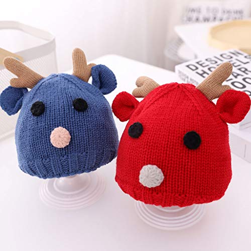 Baby Toddler Cotton Lined Winter Knitted Hat Cute Fawn Antlers Warm Cap For Boys Girls Outdoors Cap (Color : Blue, Size : 6-36 Months) #TOP2