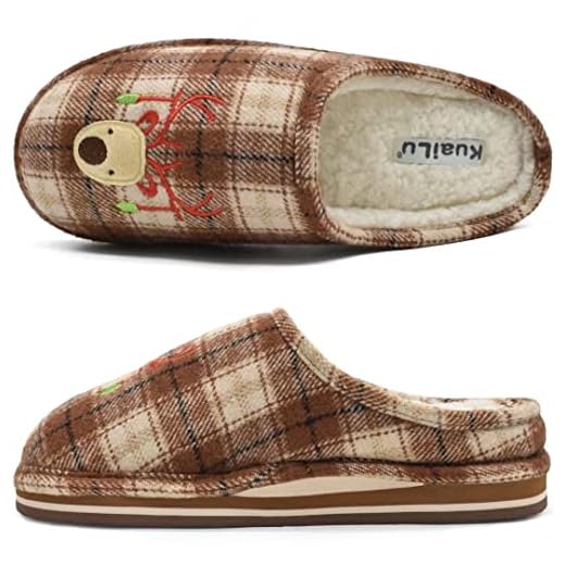 KuaiLu Zapatillas Casa Mujer Navidad Ciervo Invierno Pantuflas Caliente Peluche Piel Forradas Cerradas Babuchas Señoras Comoda Peludas Pelo Memory Foam Cuadros Slippers Antideslizante Suela Marrón 41