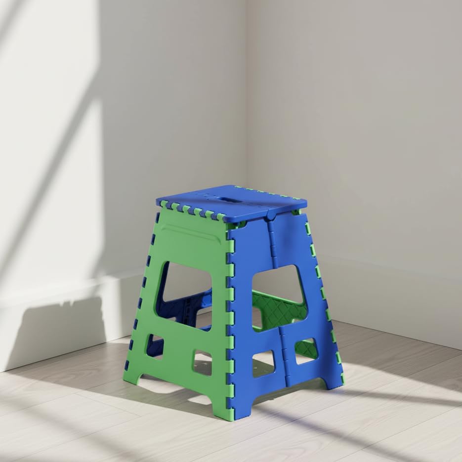 Image of U-MAX 18 Inch Folding Step Stool, Portable, Heavy Duty Plastic with Anti-Slip Surface Space-Saving Foldable Stool for Kids & Adults (Blue-Green)