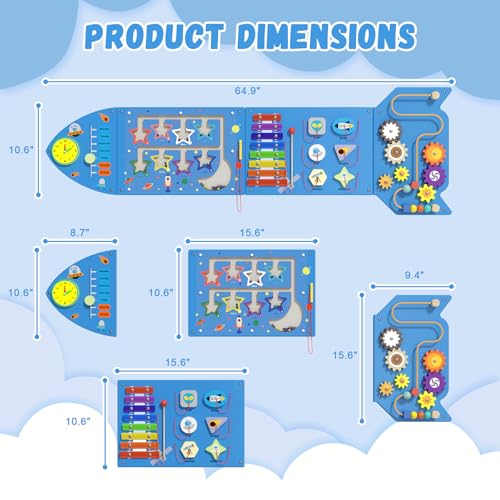 Image of Spacocld Montessori Busy Board - Blue Rocket Activity Wall Panels, Wall Toys for Toddlers 3+, Sensory Panels for Kids, Wooden Activity Cubes, Playroom Daycare Toys, Toddler Sensory Board (4PCS)