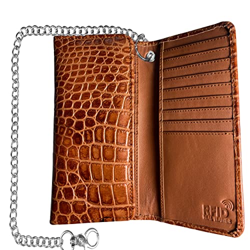 Image of Jackets 4 Bikes Genuine Cowhide Leather Trifold Long Chain Motorcycle Biker Trucker Wallet RFID Crocodile Brown