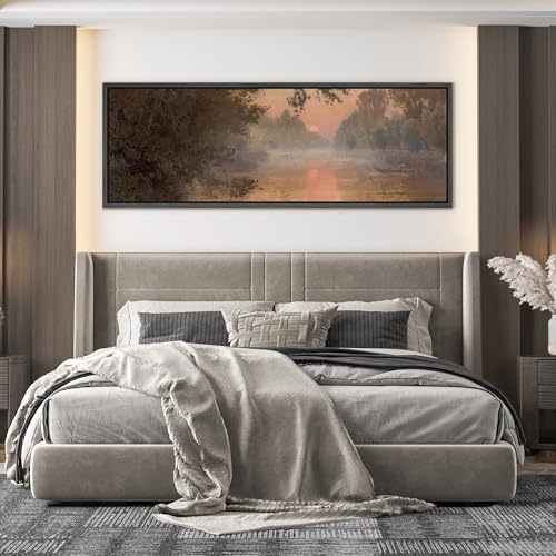 Image of MUDECOR Large Framed Canvas Print Wall Art Serene River Sunset Reflection Soft Nature Landscape Antique Retro Ready to Hang Painting for Living Room Bedroom Multi-Sizes - 60 inchx20 inch