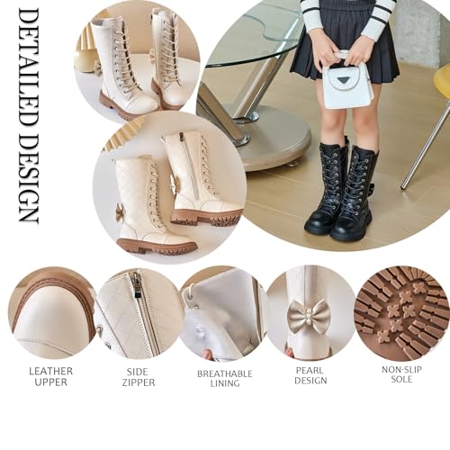 Girls' Leather Lace-Up Knee High Boots With Side Zippers, Comfortable Round Toe, Non-Slip Low Heel Riding Boots, Fashionable Bow Pearl Combat Boots4